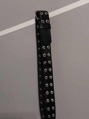 Double Row Grommet Black Leather Belt